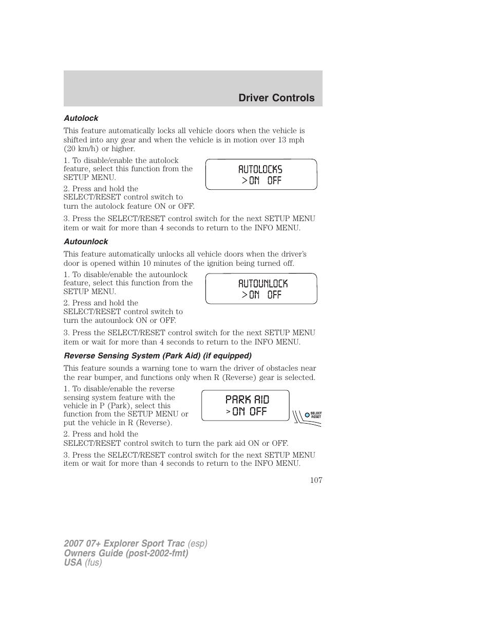 Autolock, Autounlock, Reverse sensing system (park aid) (if equipped) | Driver controls | FORD 2004 User Manual | Page 107 / 360