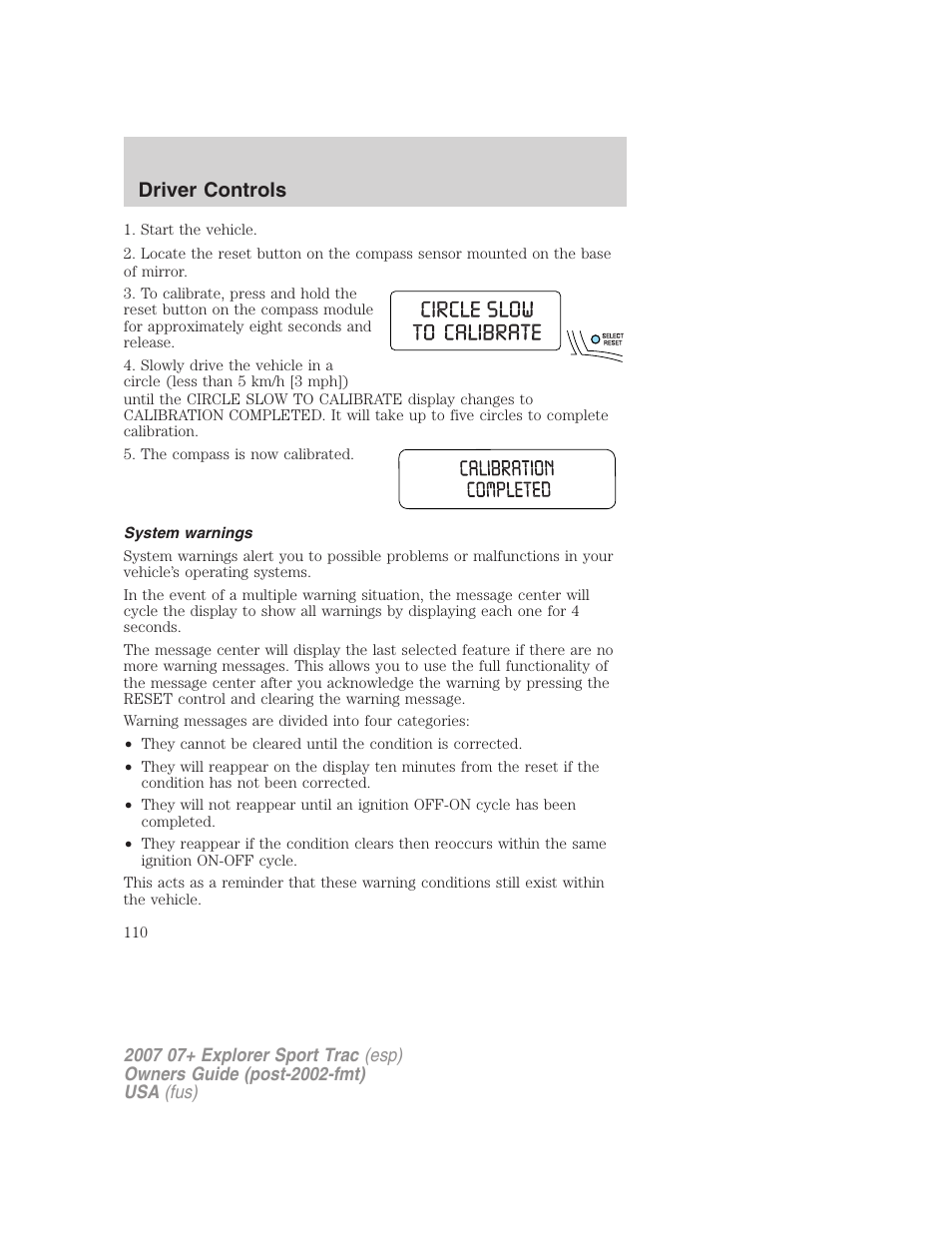 System warnings, Driver controls | FORD 2004 User Manual | Page 110 / 360