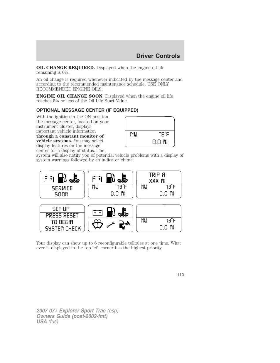 Optional message center (if equipped), Driver controls | FORD 2004 User Manual | Page 113 / 360