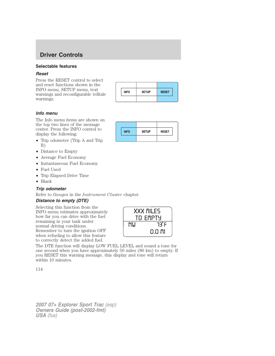 Selectable features, Reset, Info menu | Trip odometer, Distance to empty (dte), Driver controls | FORD 2004 User Manual | Page 114 / 360