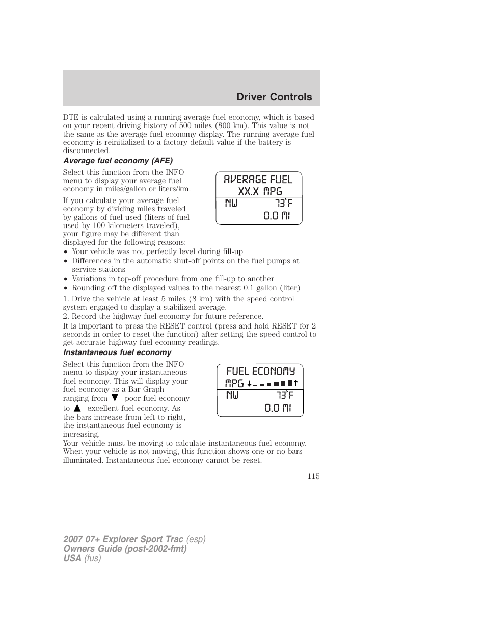 Average fuel economy (afe), Instantaneous fuel economy, Driver controls | FORD 2004 User Manual | Page 115 / 360