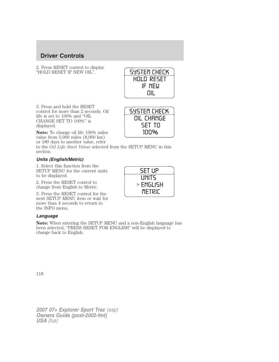 Units (english/metric), Language, Driver controls | FORD 2004 User Manual | Page 118 / 360