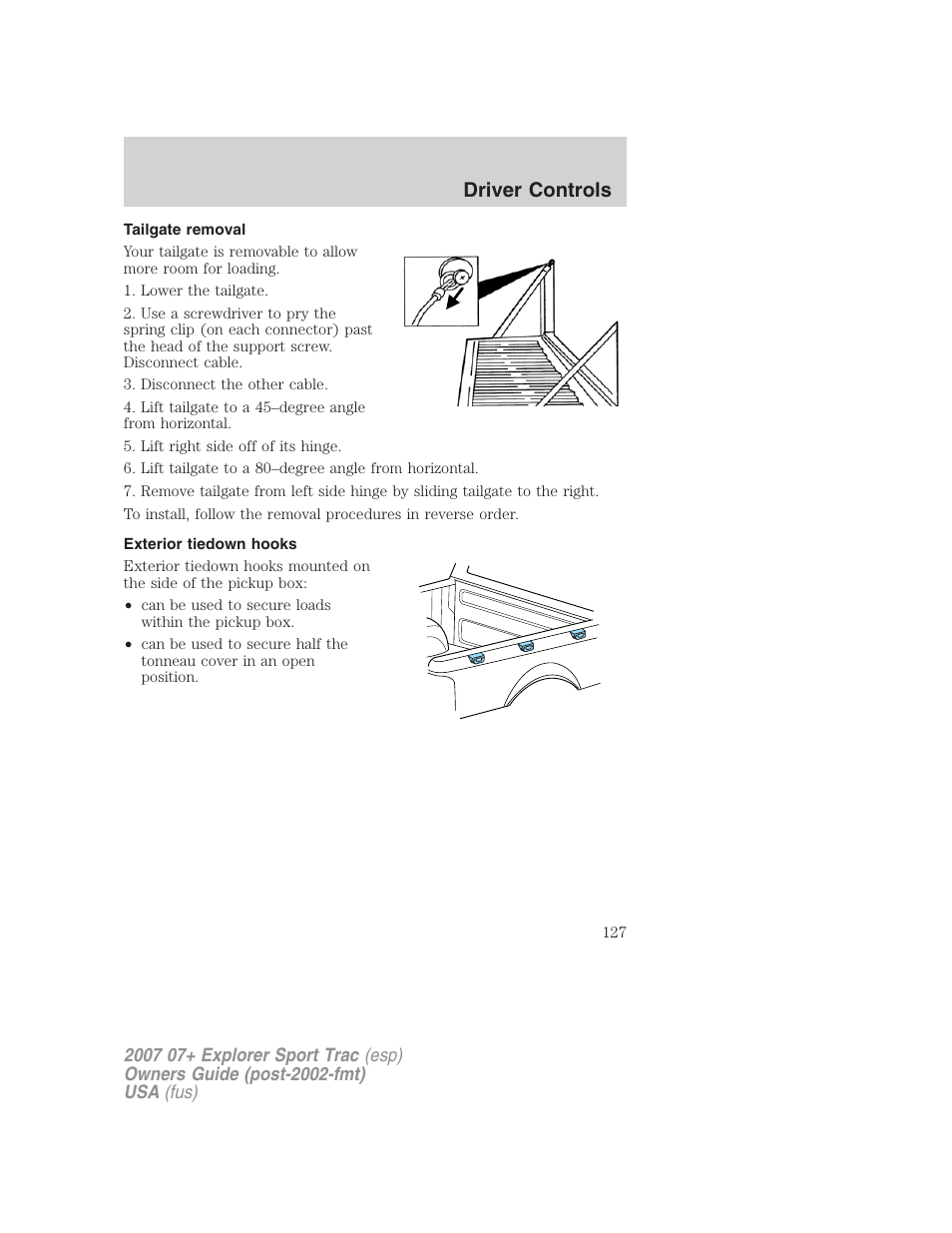Tailgate removal, Exterior tiedown hooks, Driver controls | FORD 2004 User Manual | Page 127 / 360