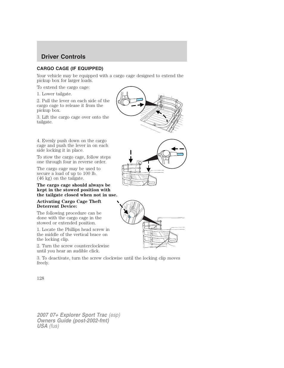 Cargo cage (if equipped), Driver controls | FORD 2004 User Manual | Page 128 / 360