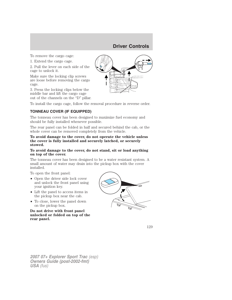 Tonneau cover (if equipped), Driver controls | FORD 2004 User Manual | Page 129 / 360