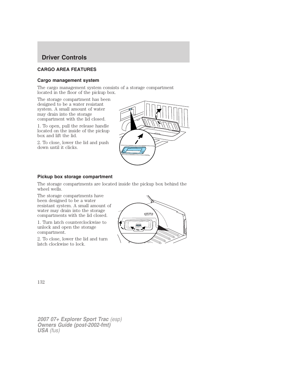 Cargo area features, Cargo management system, Pickup box storage compartment | Driver controls | FORD 2004 User Manual | Page 132 / 360