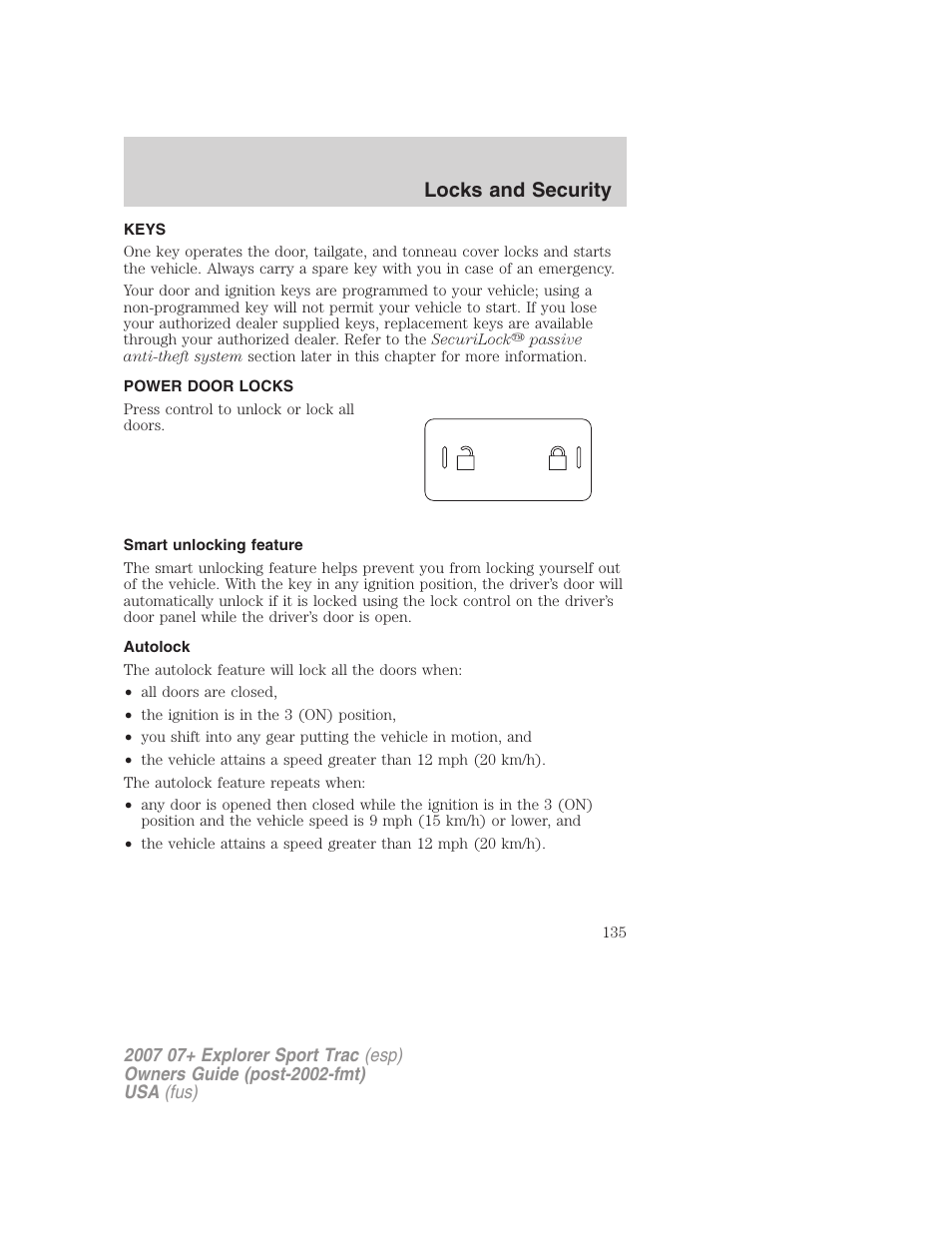 Locks and security, Keys, Power door locks | Smart unlocking feature, Autolock, Locks | FORD 2004 User Manual | Page 135 / 360