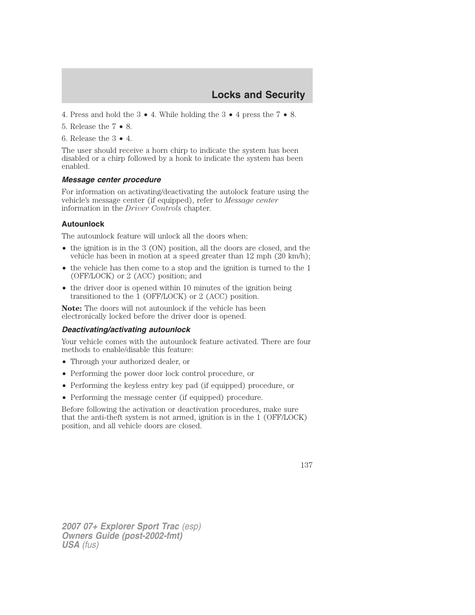 Message center procedure, Autounlock, Deactivating/activating autounlock | Locks and security | FORD 2004 User Manual | Page 137 / 360