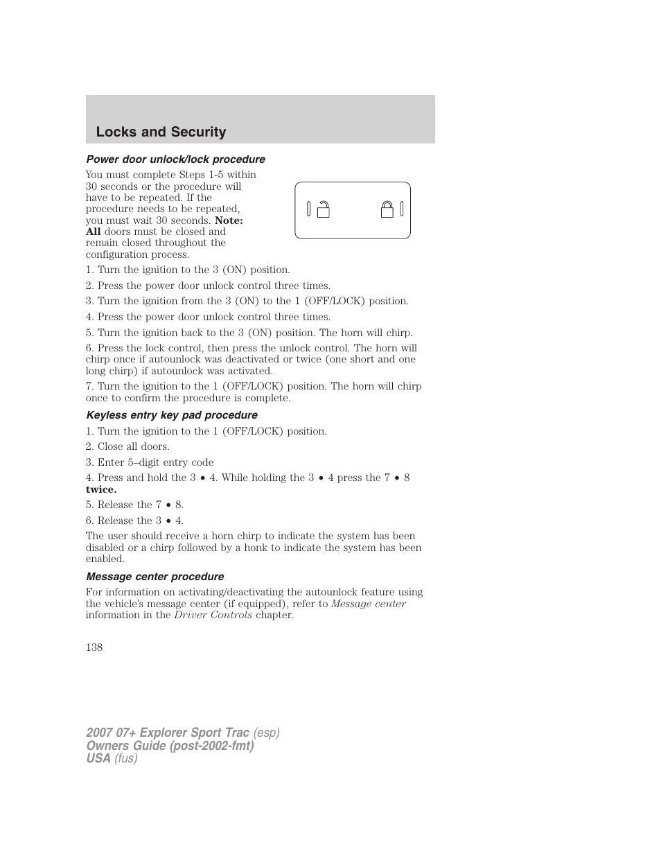 Power door unlock/lock procedure, Keyless entry key pad procedure, Message center procedure | Locks and security | FORD 2004 User Manual | Page 138 / 360
