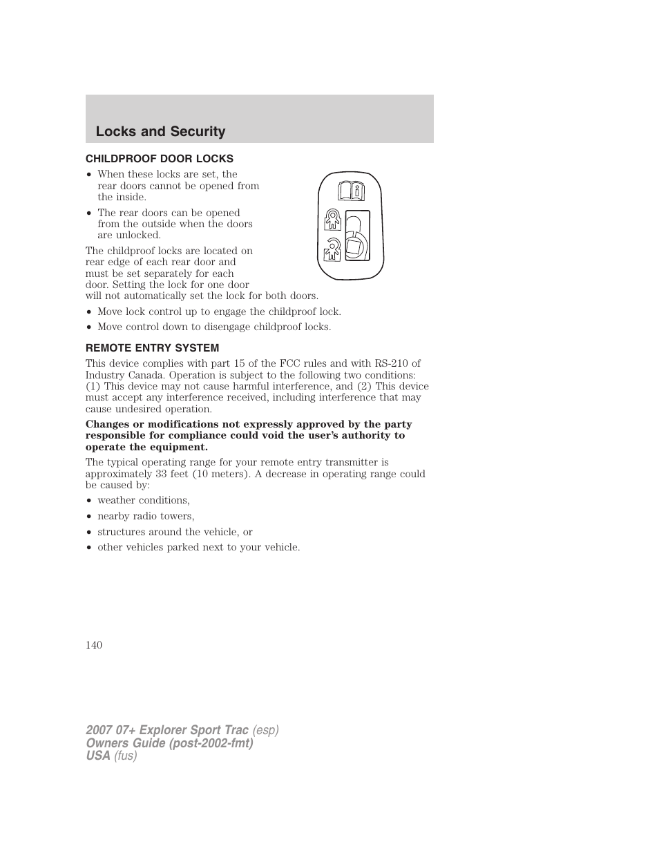 Childproof door locks, Remote entry system, Locks and security | FORD 2004 User Manual | Page 140 / 360