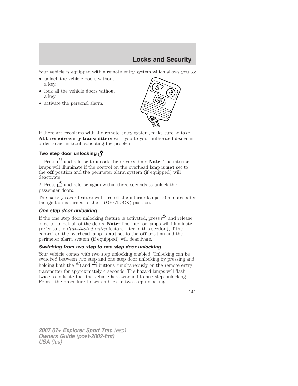 Two step door unlocking, One step door unlocking, Switching from two step to one step door unlocking | Locks and security | FORD 2004 User Manual | Page 141 / 360