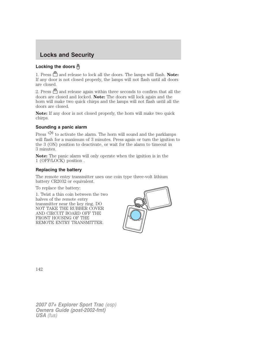 Locking the doors, Sounding a panic alarm, Replacing the battery | Locks and security | FORD 2004 User Manual | Page 142 / 360