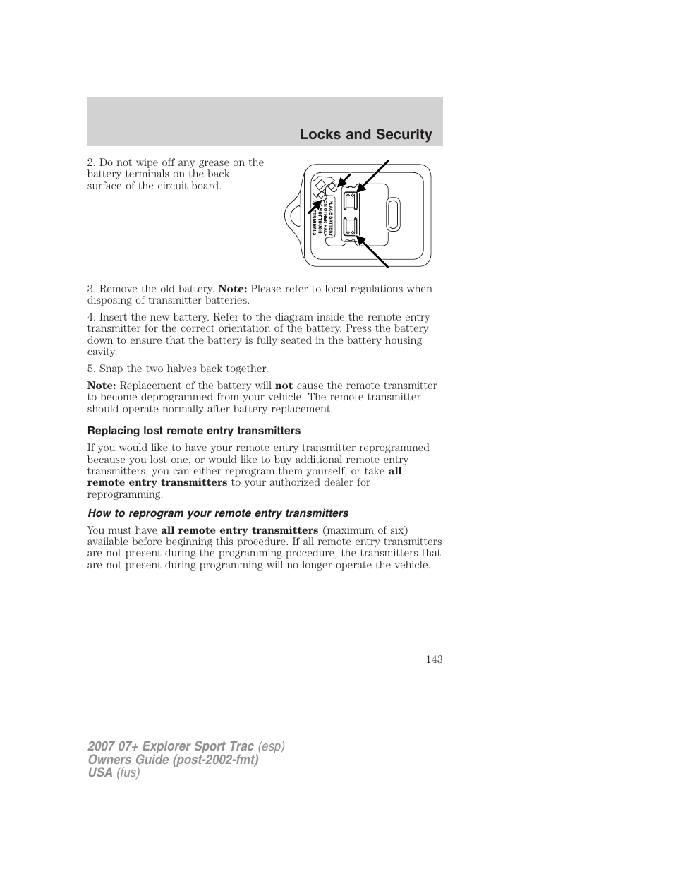 Replacing lost remote entry transmitters, How to reprogram your remote entry transmitters, Locks and security | FORD 2004 User Manual | Page 143 / 360