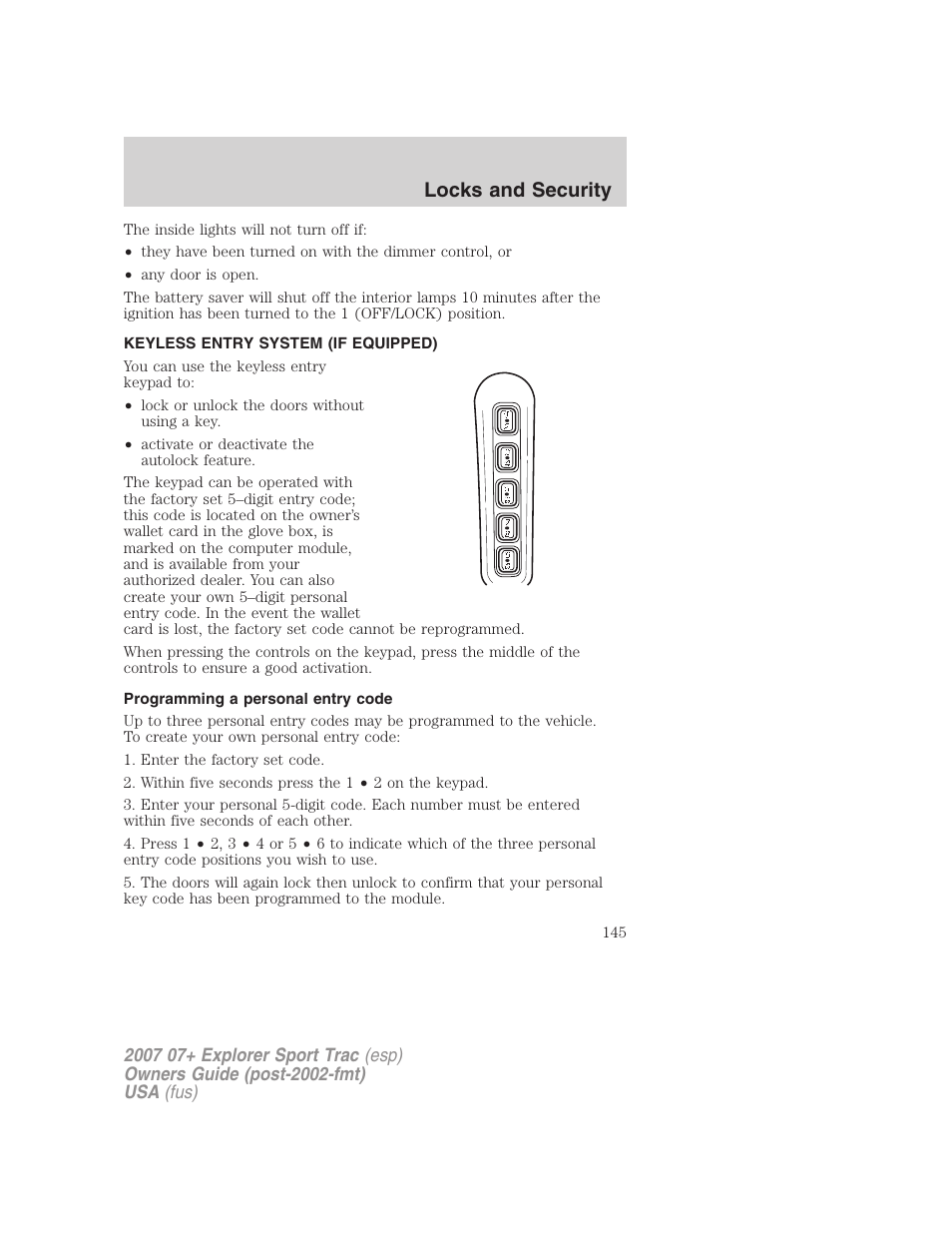 Keyless entry system (if equipped), Programming a personal entry code, Locks and security | FORD 2004 User Manual | Page 145 / 360