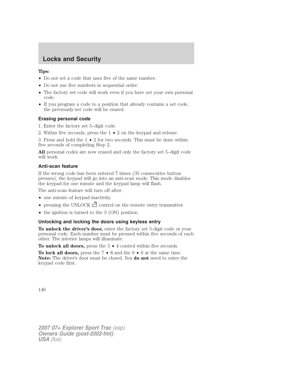 Erasing personal code, Anti-scan feature, Locks and security | FORD 2004 User Manual | Page 146 / 360