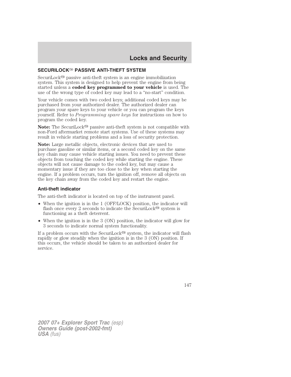 Securilock passive anti-theft system, Anti-theft indicator, Anti-theft system | Locks and security | FORD 2004 User Manual | Page 147 / 360