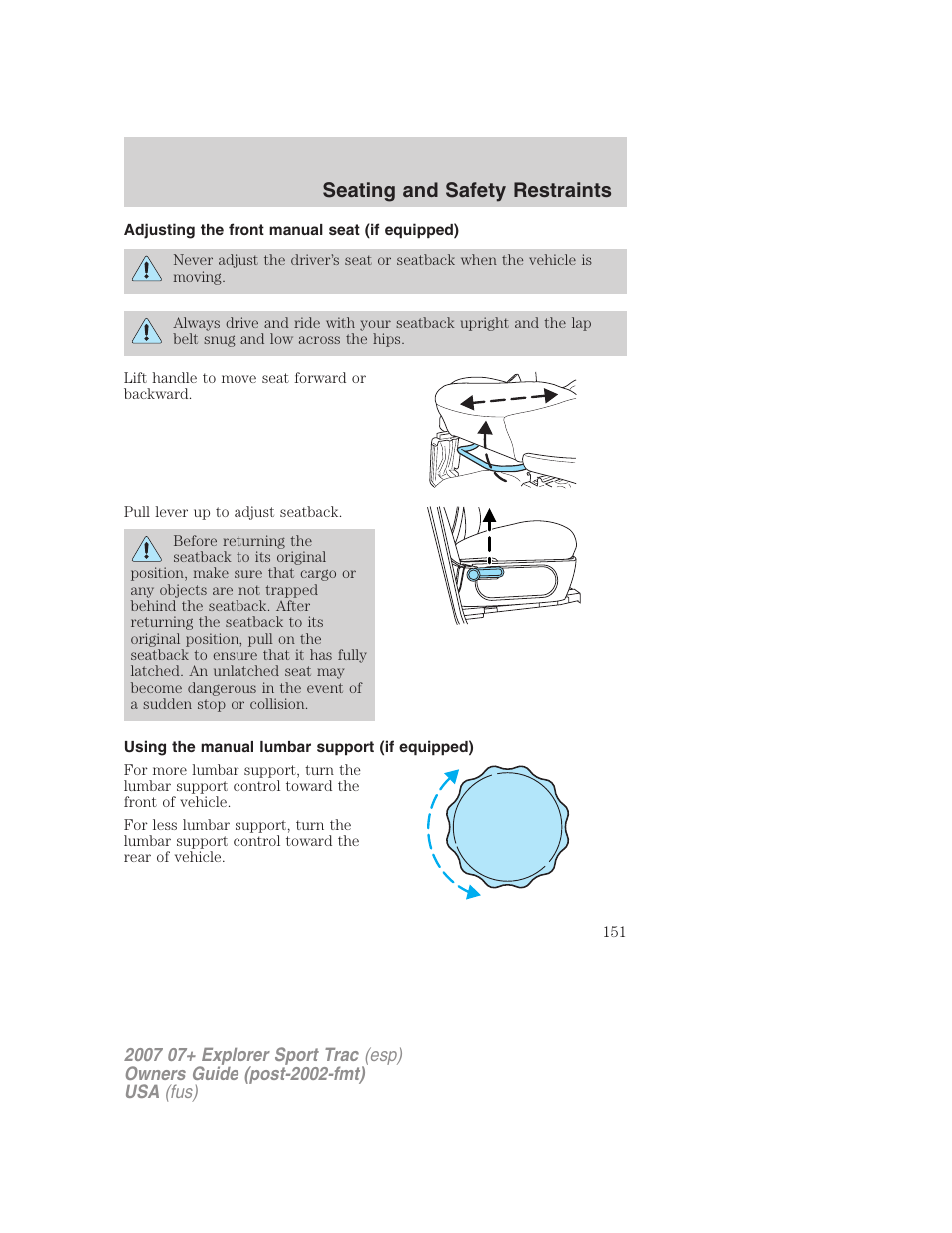 Adjusting the front manual seat (if equipped), Using the manual lumbar support (if equipped), Seating and safety restraints | FORD 2004 User Manual | Page 151 / 360