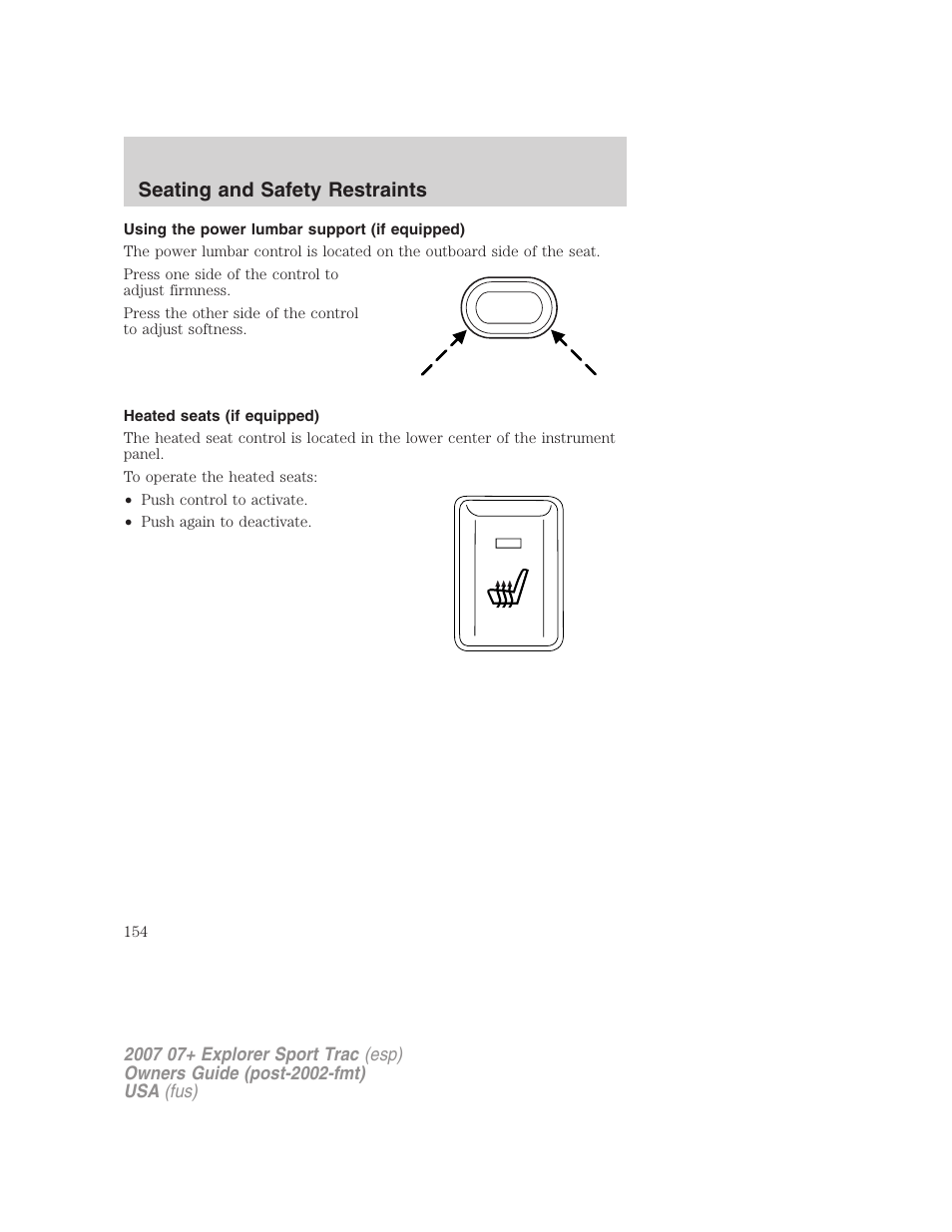 Using the power lumbar support (if equipped), Heated seats (if equipped), Seating and safety restraints | FORD 2004 User Manual | Page 154 / 360