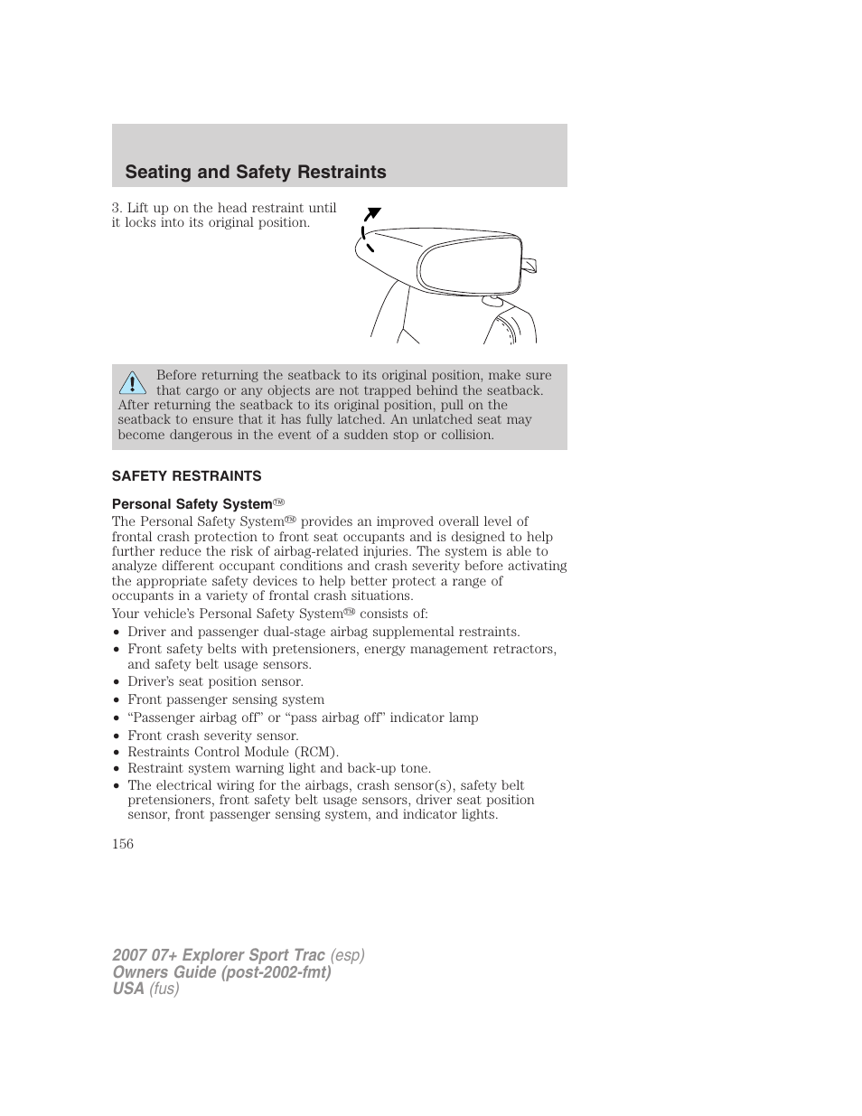 Safety restraints, Personal safety system, Seating and safety restraints | FORD 2004 User Manual | Page 156 / 360