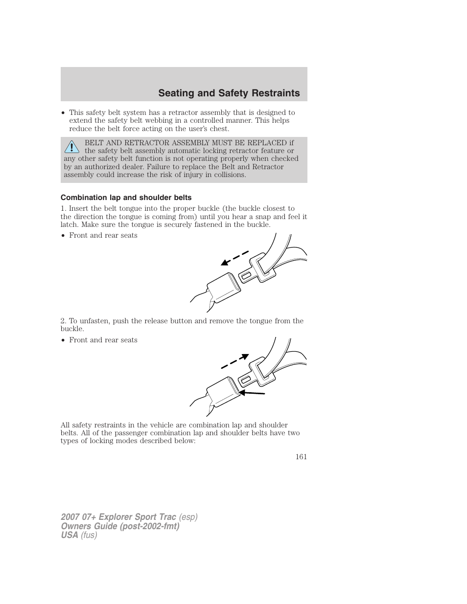 Combination lap and shoulder belts, Seating and safety restraints | FORD 2004 User Manual | Page 161 / 360