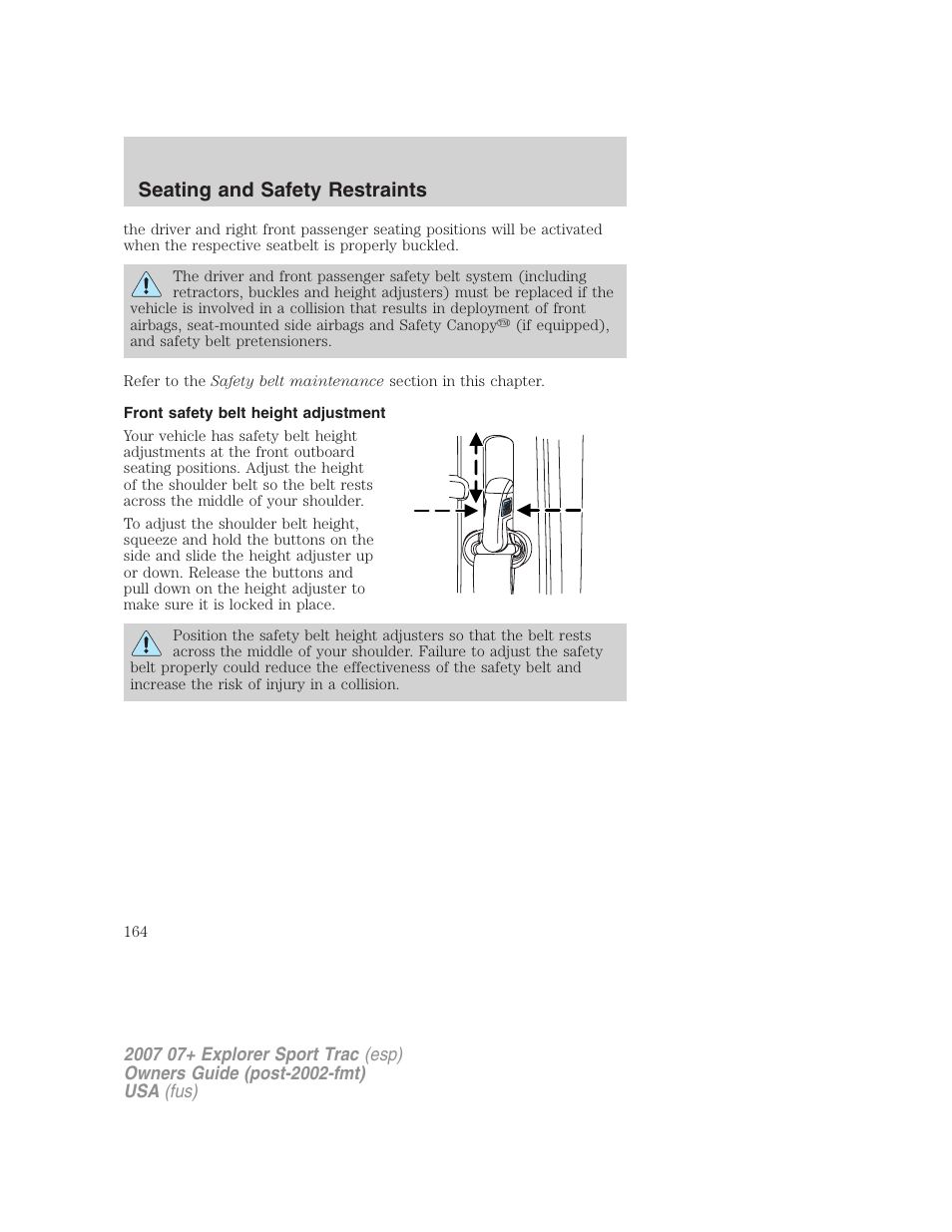 Front safety belt height adjustment, Seating and safety restraints | FORD 2004 User Manual | Page 164 / 360