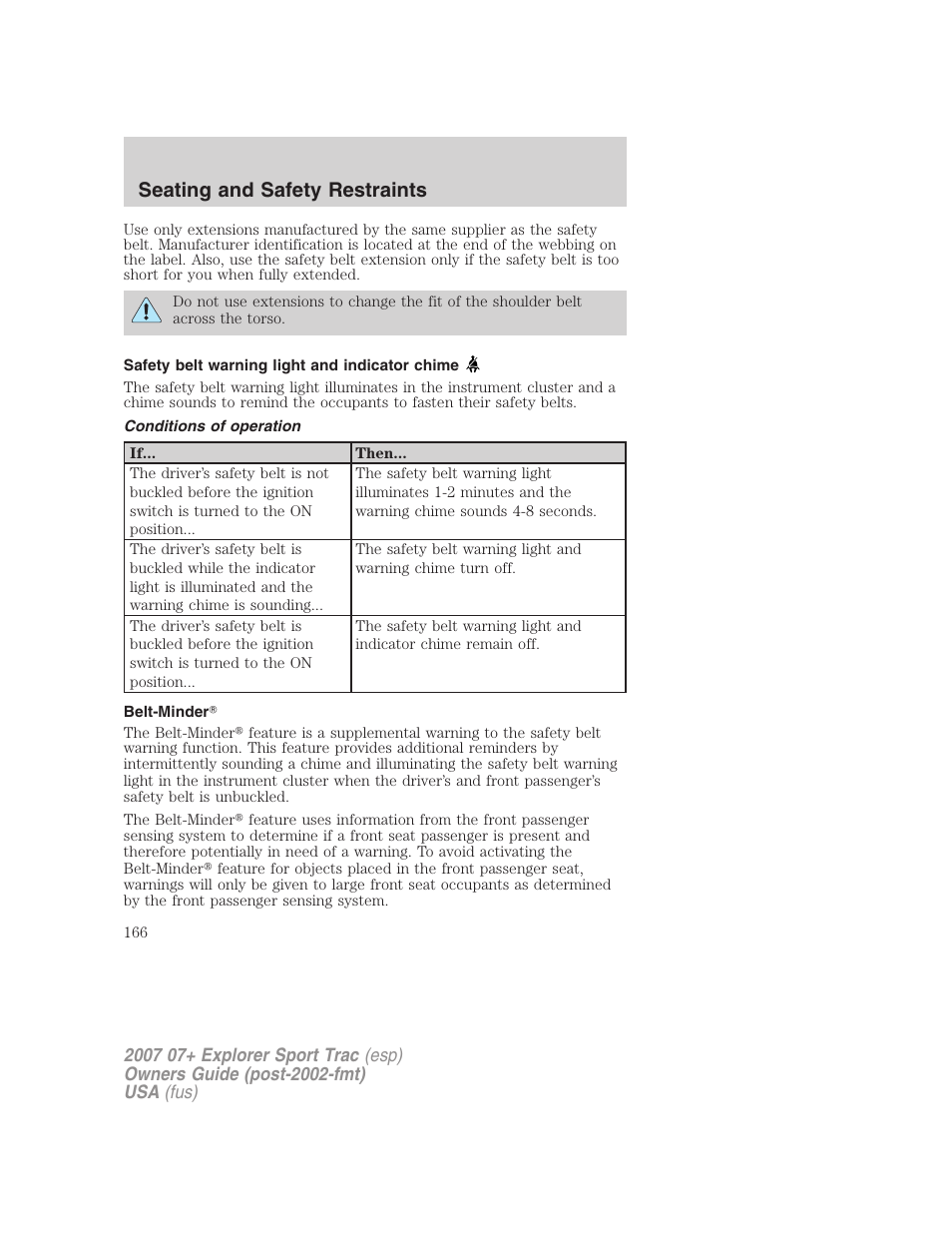 Safety belt warning light and indicator chime, Conditions of operation, Belt-minder | Seating and safety restraints | FORD 2004 User Manual | Page 166 / 360