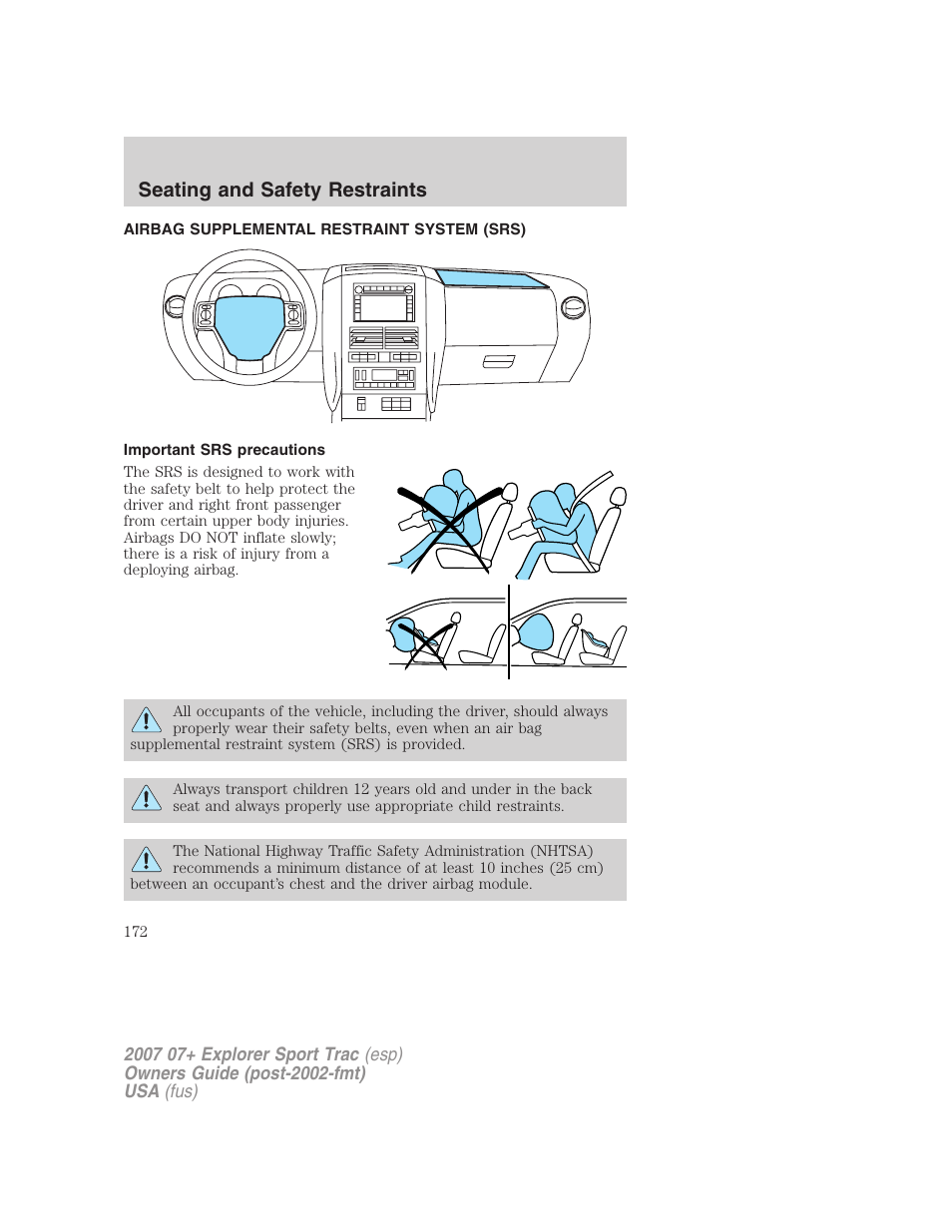 Airbag supplemental restraint system (srs), Important srs precautions, Airbags | Seating and safety restraints | FORD 2004 User Manual | Page 172 / 360