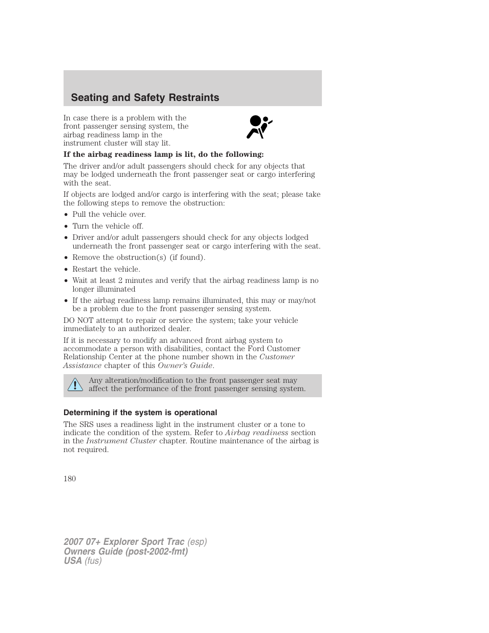 Determining if the system is operational, Seating and safety restraints | FORD 2004 User Manual | Page 180 / 360