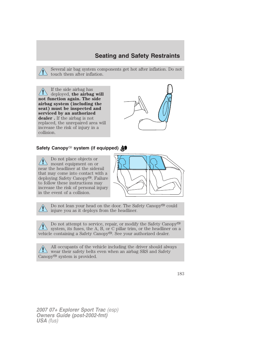 Safety canopy system (if equipped), Seating and safety restraints | FORD 2004 User Manual | Page 183 / 360