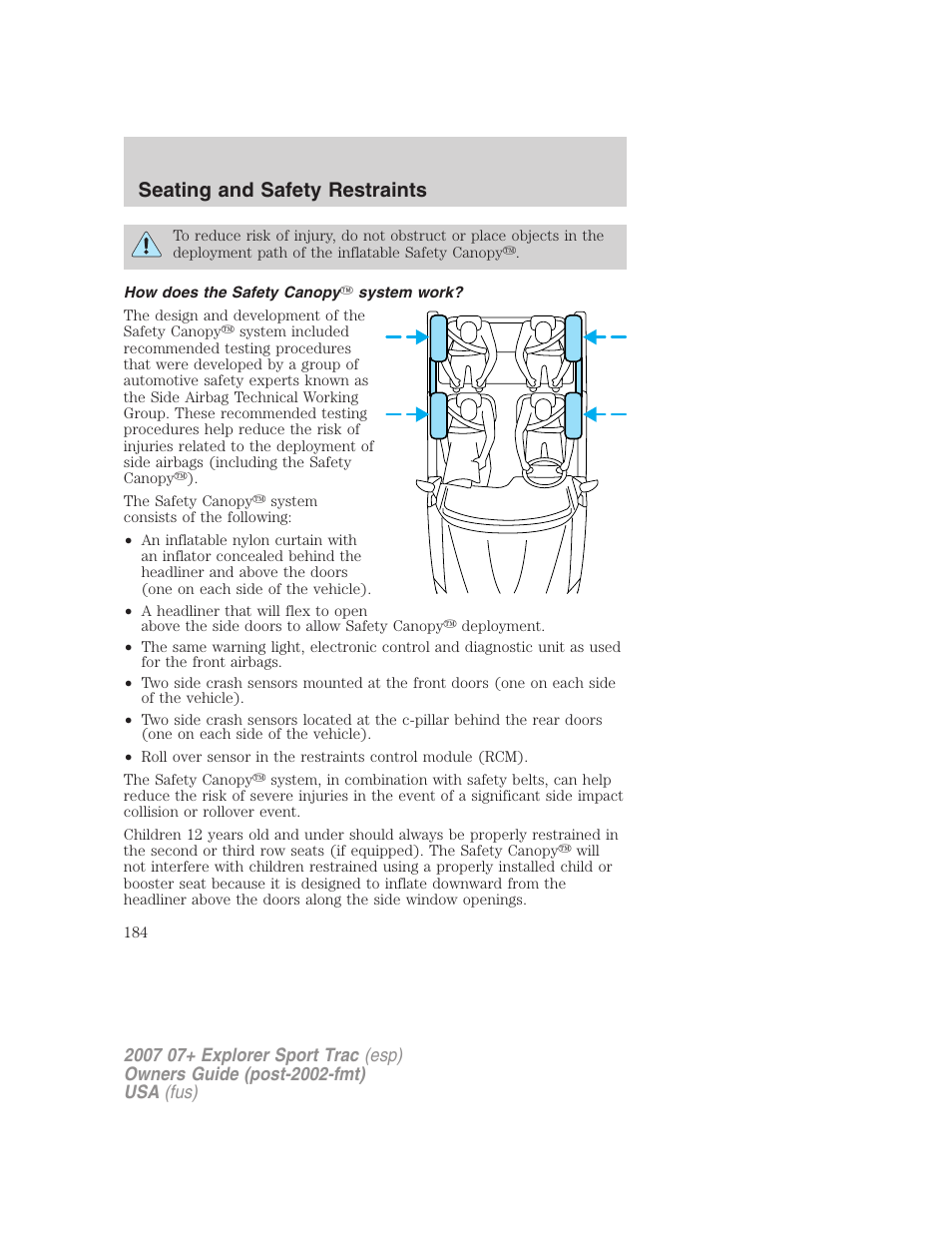 How does the safety canopy system work, Seating and safety restraints | FORD 2004 User Manual | Page 184 / 360