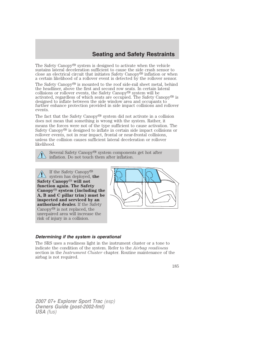 Determining if the system is operational, Seating and safety restraints | FORD 2004 User Manual | Page 185 / 360