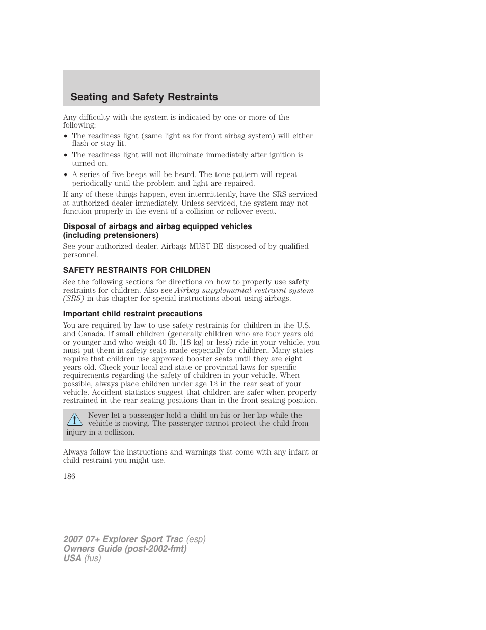 Safety restraints for children, Important child restraint precautions, Child restraints | Seating and safety restraints | FORD 2004 User Manual | Page 186 / 360