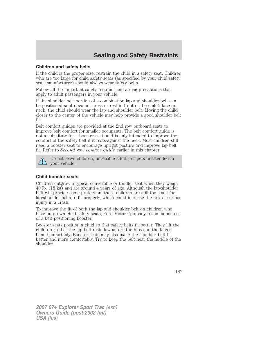 Children and safety belts, Child booster seats, Seating and safety restraints | FORD 2004 User Manual | Page 187 / 360