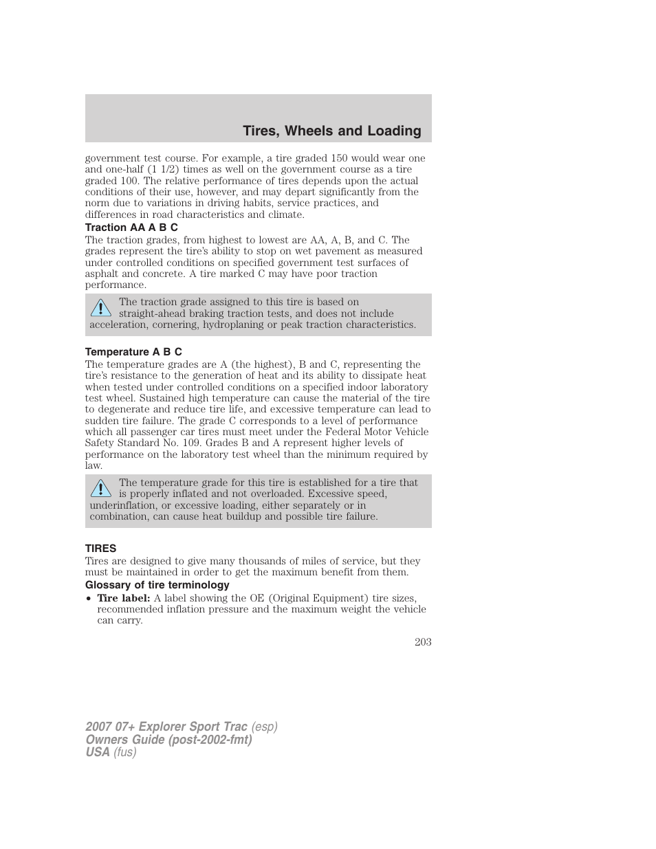 Traction aa a b c, Temperature a b c, Tires | Glossary of tire terminology, Tires, wheels and loading | FORD 2004 User Manual | Page 203 / 360