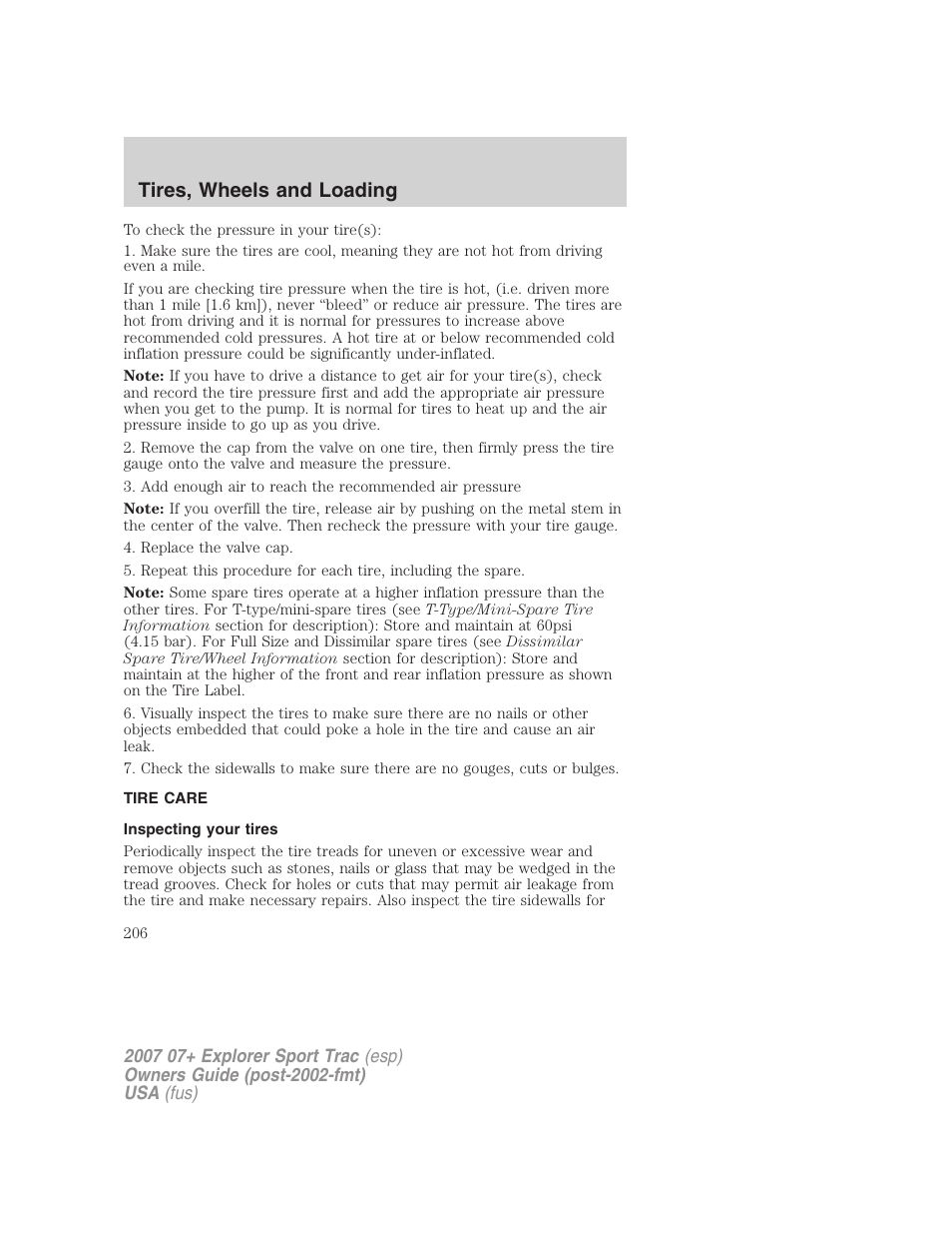 Tire care, Inspecting your tires, Tires, wheels and loading | FORD 2004 User Manual | Page 206 / 360