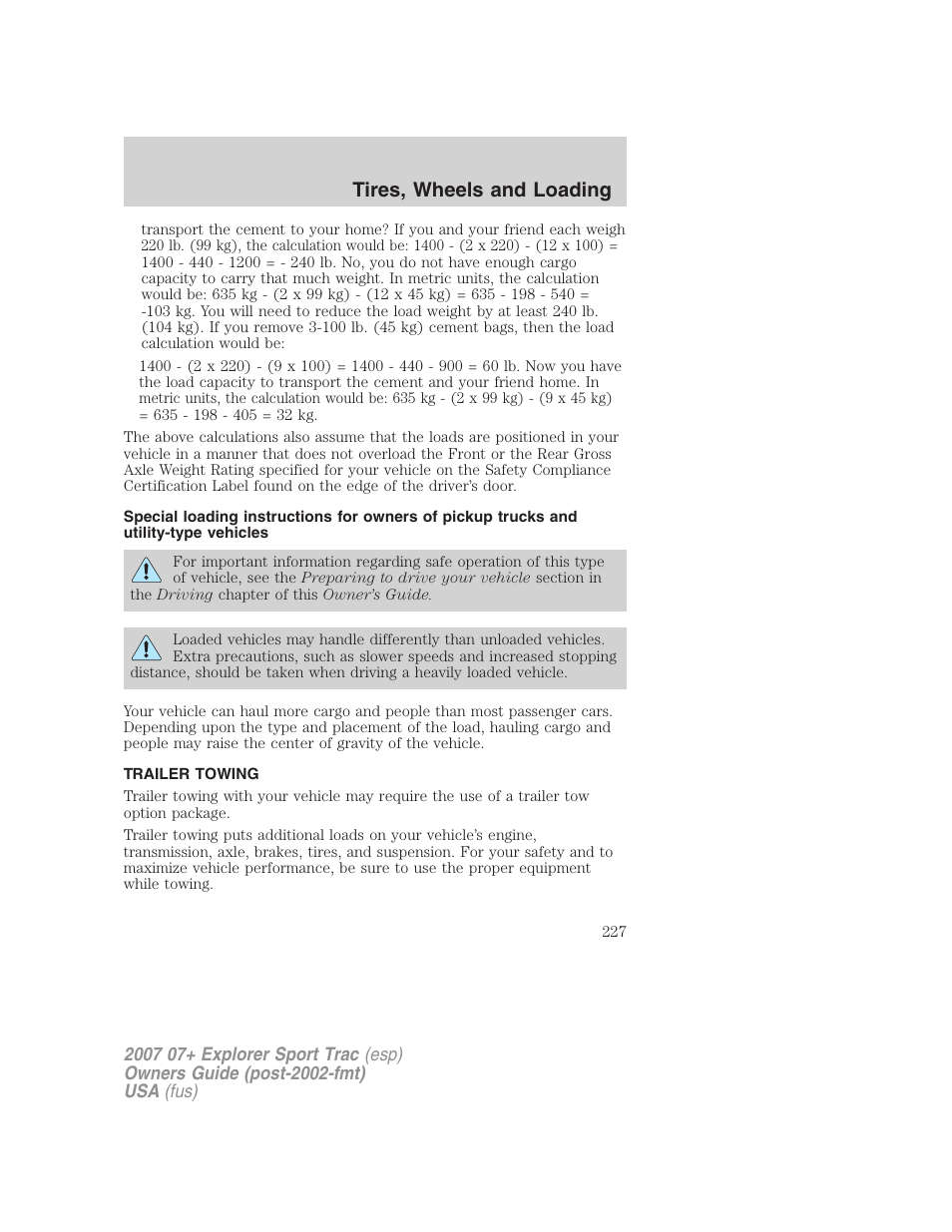 Trailer towing, Tires, wheels and loading | FORD 2004 User Manual | Page 227 / 360