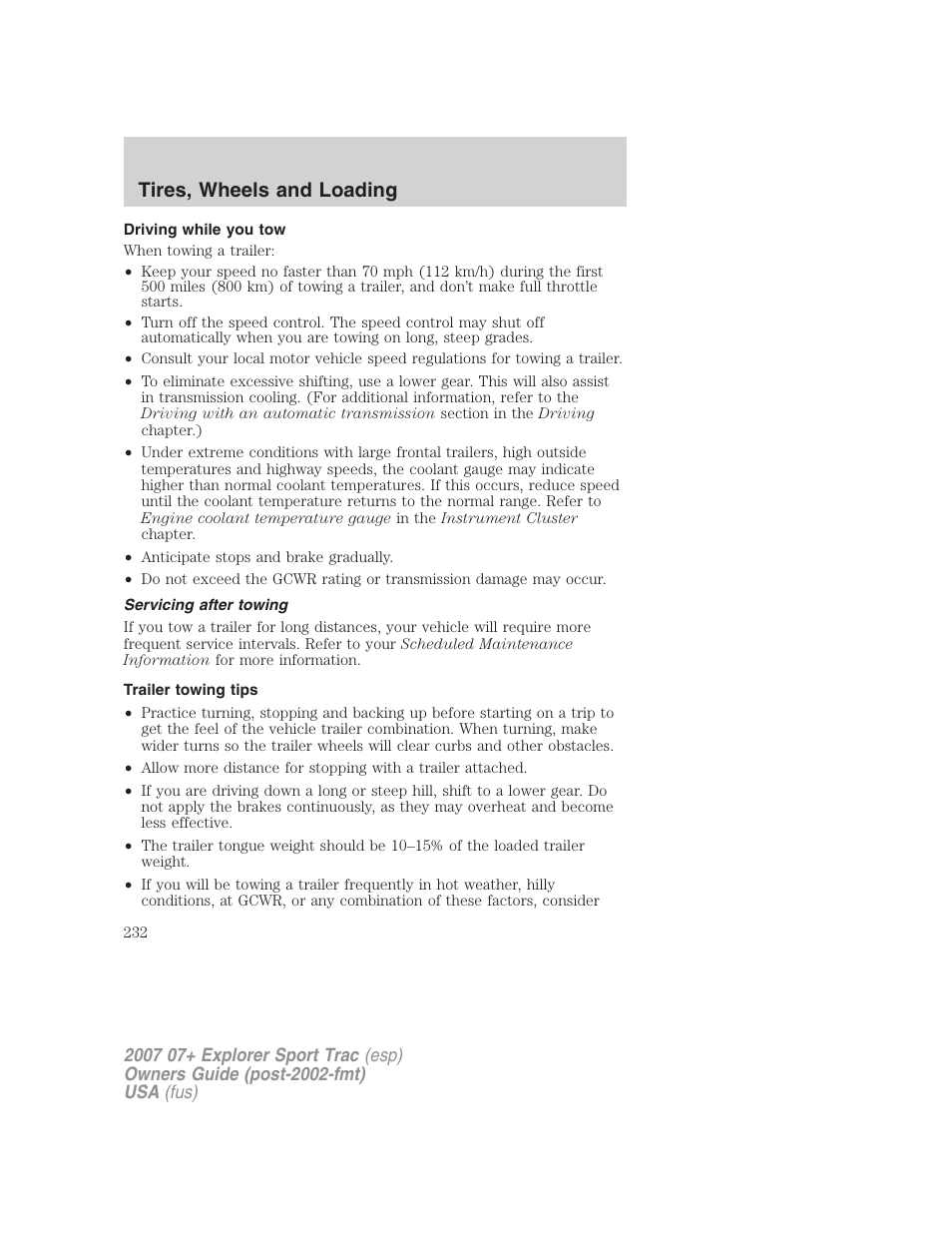 Driving while you tow, Servicing after towing, Trailer towing tips | Tires, wheels and loading | FORD 2004 User Manual | Page 232 / 360