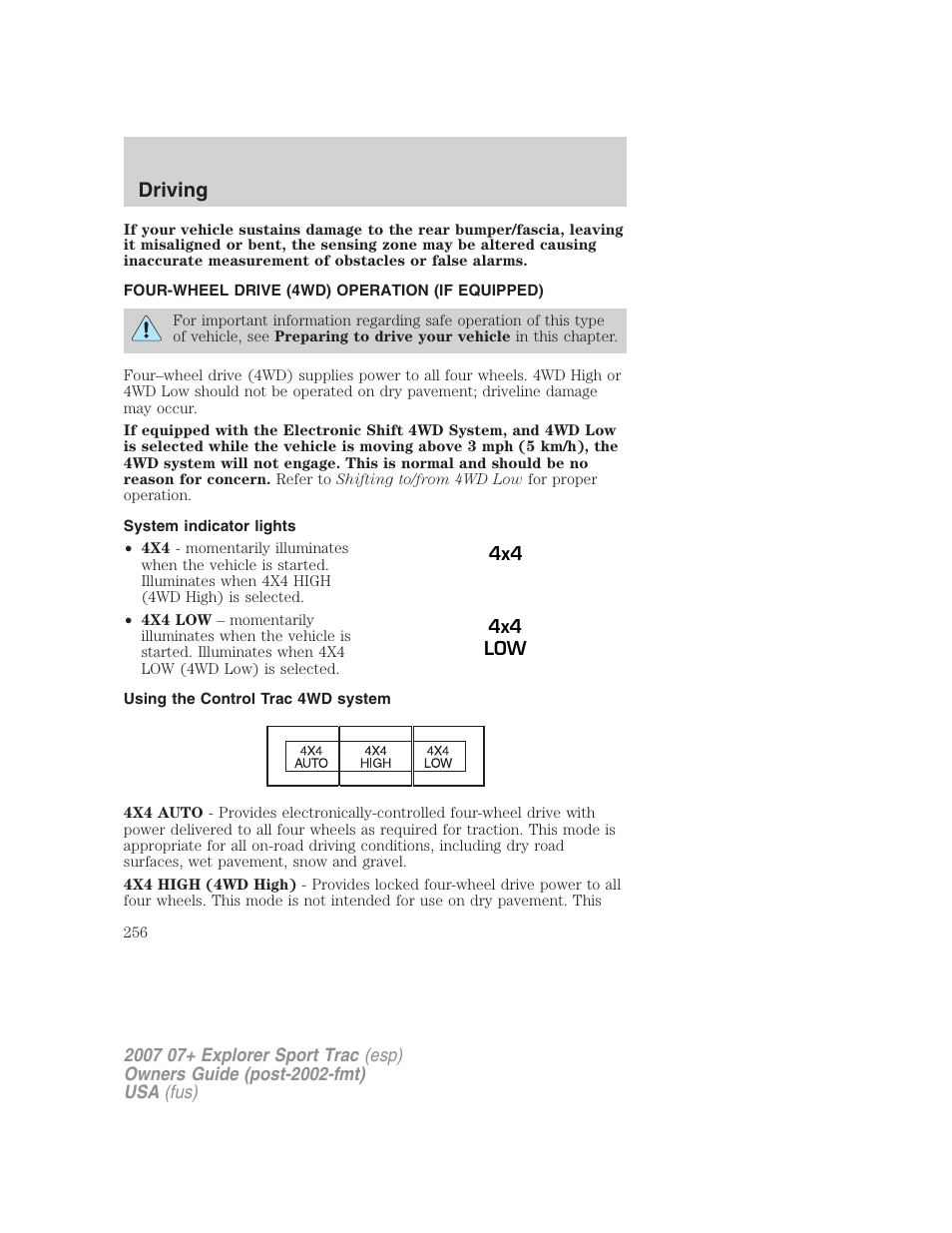 Four-wheel drive (4wd) operation (if equipped), System indicator lights, Using the control trac 4wd system | Driving | FORD 2004 User Manual | Page 256 / 360