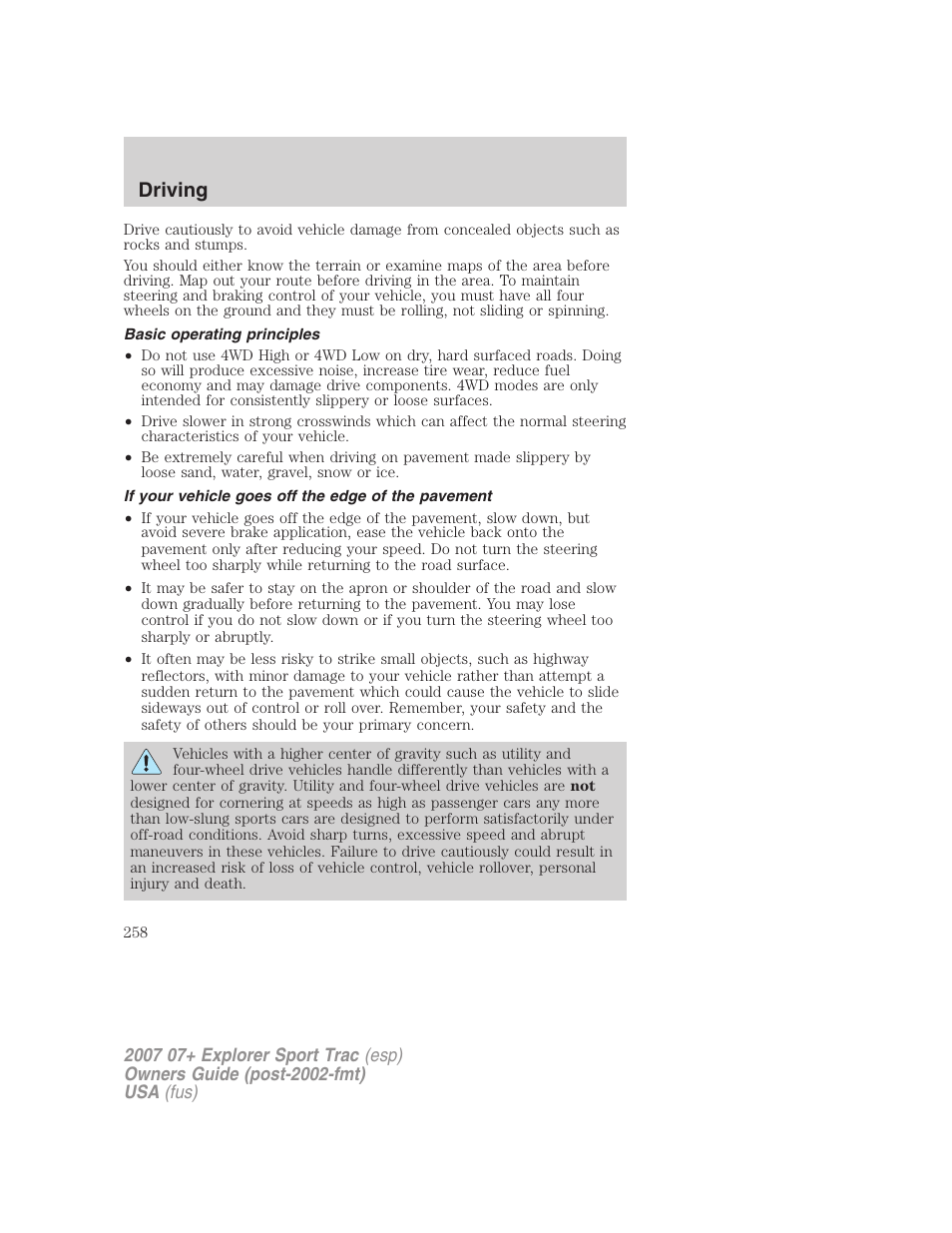 Basic operating principles, If your vehicle goes off the edge of the pavement, Driving | FORD 2004 User Manual | Page 258 / 360