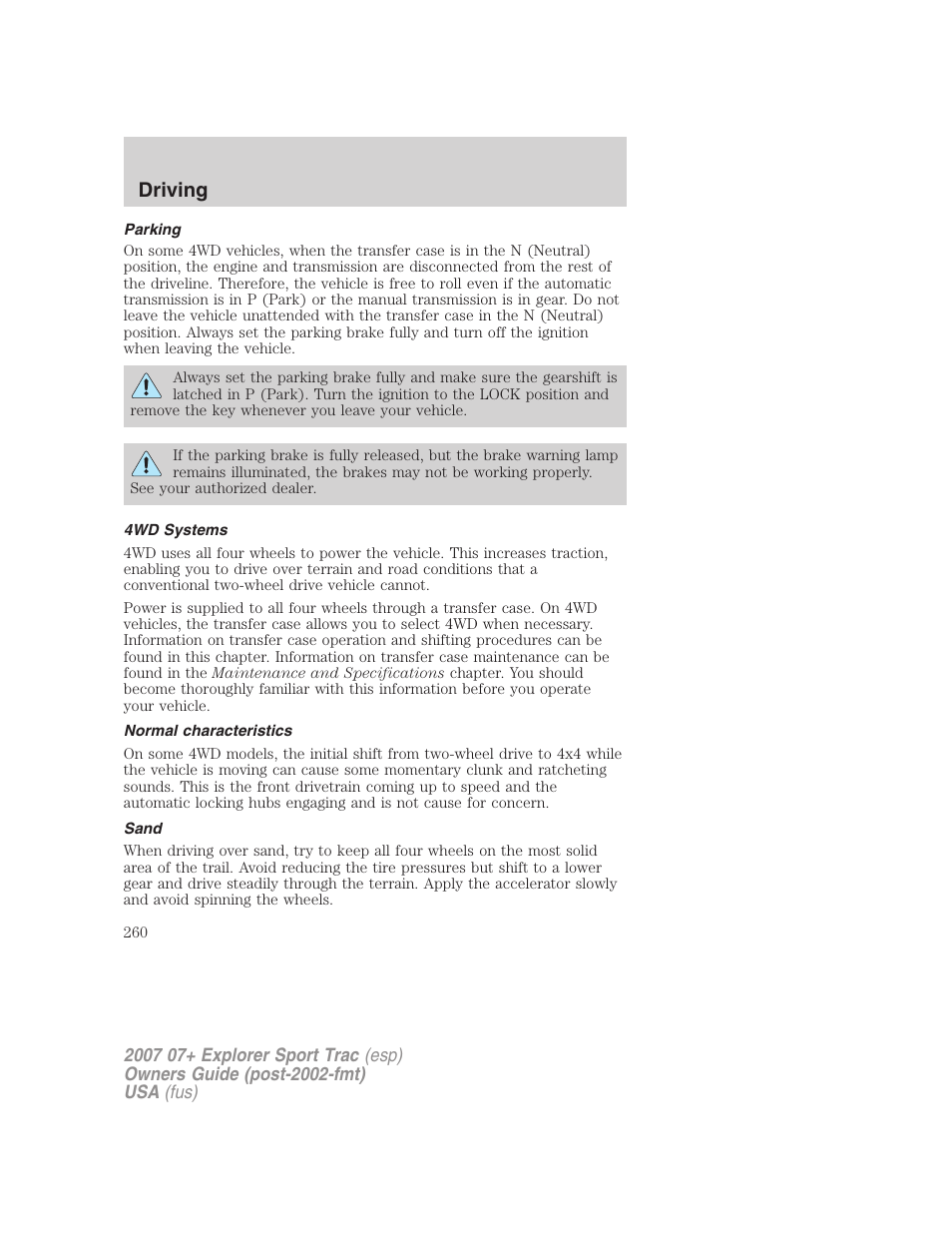 Parking, 4wd systems, Normal characteristics | Sand, Driving | FORD 2004 User Manual | Page 260 / 360