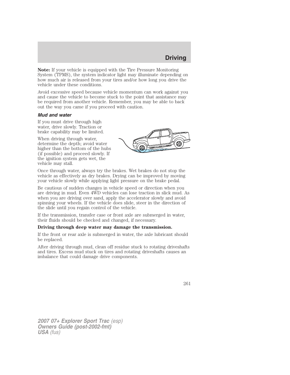 Mud and water, Driving | FORD 2004 User Manual | Page 261 / 360