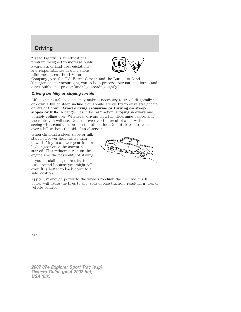 Driving on hilly or sloping terrain, Driving | FORD 2004 User Manual | Page 262 / 360