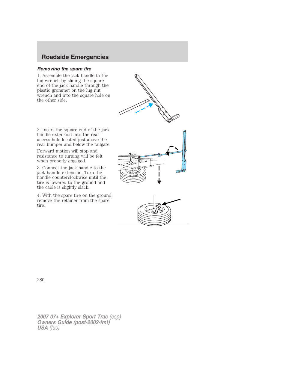 Removing the spare tire, Roadside emergencies | FORD 2004 User Manual | Page 280 / 360