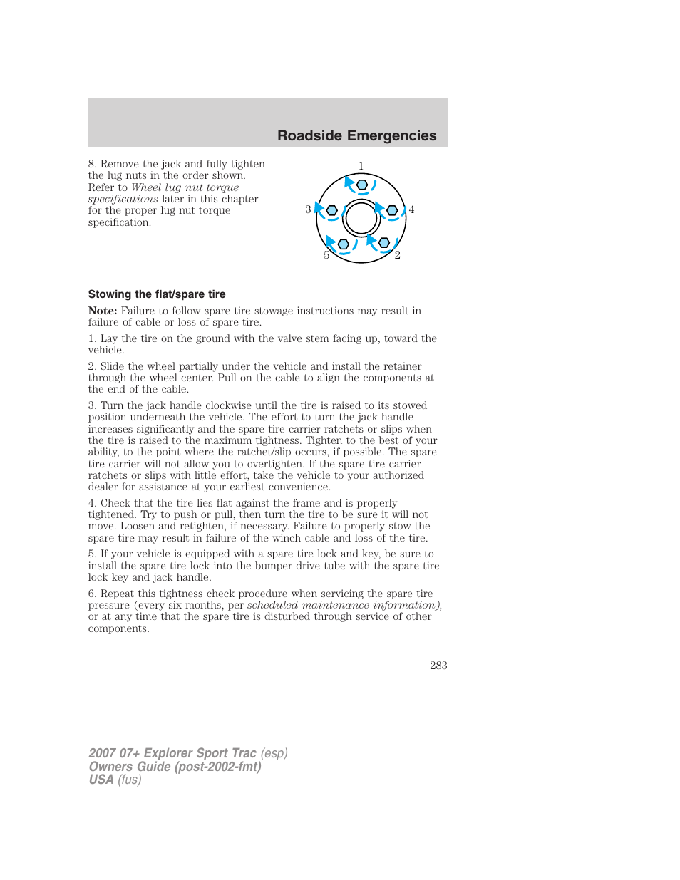 Stowing the flat/spare tire, Roadside emergencies | FORD 2004 User Manual | Page 283 / 360