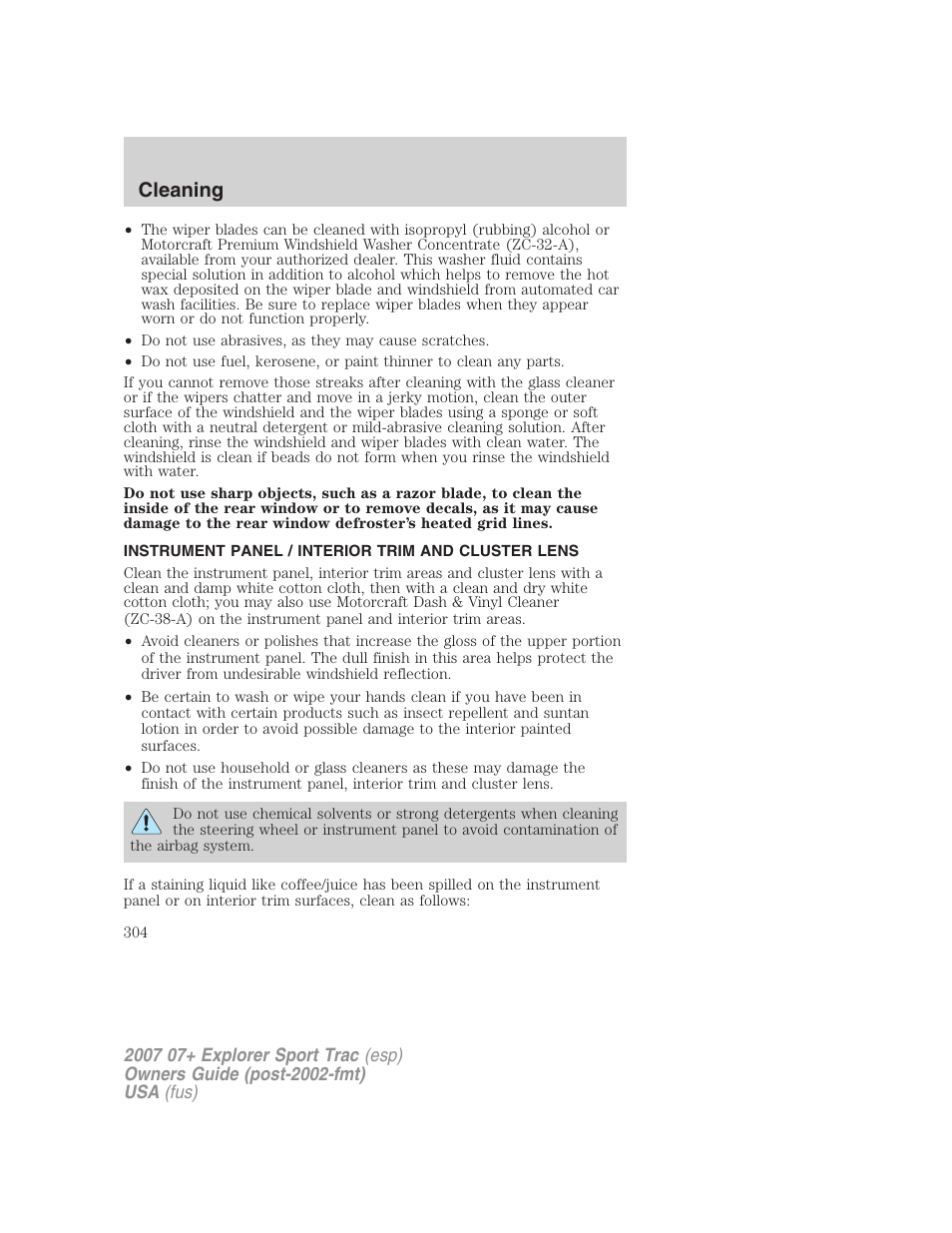 Instrument panel / interior trim and cluster lens, Cleaning | FORD 2004 User Manual | Page 304 / 360