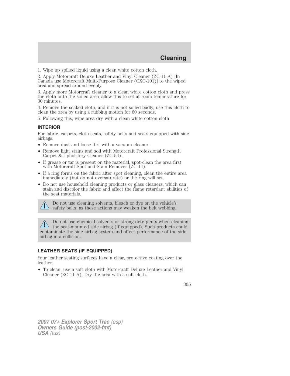 Interior, Leather seats (if equipped), Cleaning | FORD 2004 User Manual | Page 305 / 360