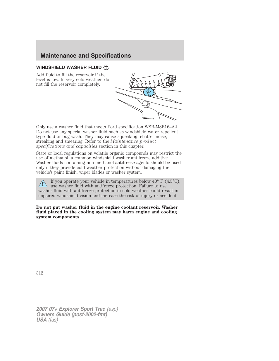 Windshield washer fluid, Maintenance and specifications | FORD 2004 User Manual | Page 312 / 360