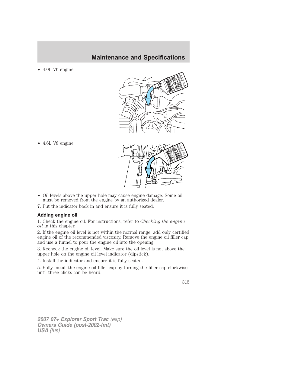 Adding engine oil, Maintenance and specifications | FORD 2004 User Manual | Page 315 / 360