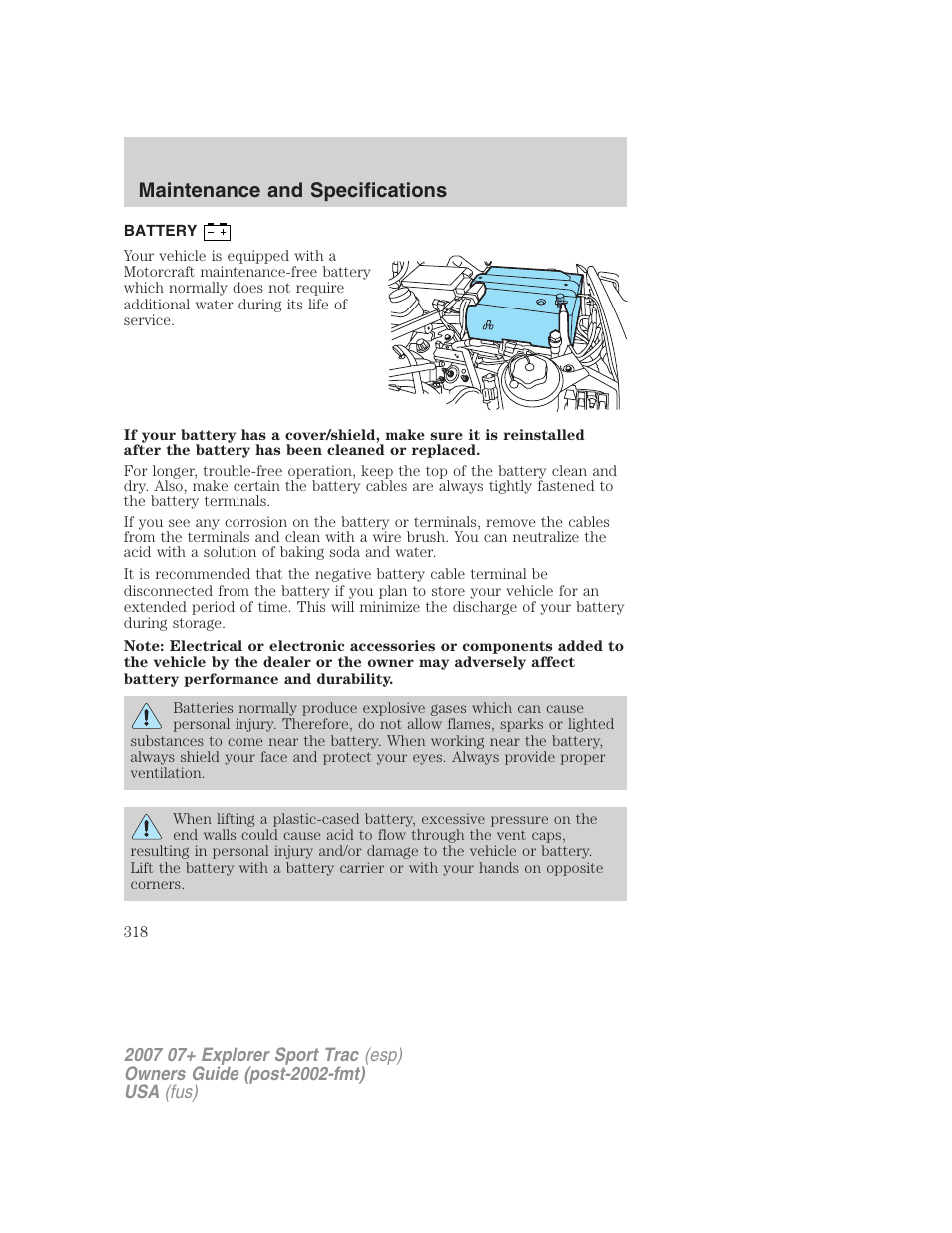 Battery, Maintenance and specifications | FORD 2004 User Manual | Page 318 / 360