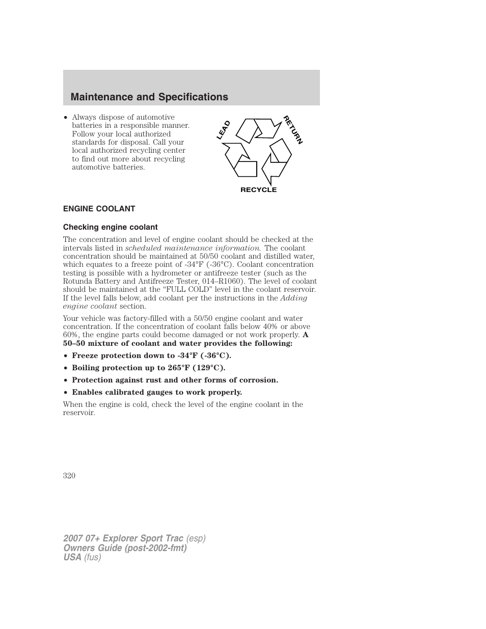 Engine coolant, Checking engine coolant, Maintenance and specifications | FORD 2004 User Manual | Page 320 / 360